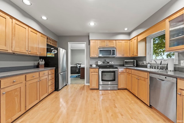 kitchen with stainless steel appliances, light hardwood / wood-style flooring, light brown cabinets, and sink