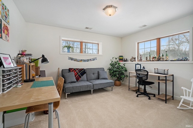 office area featuring light carpet