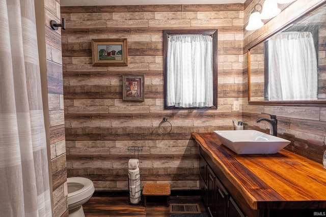 bathroom with wood walls, vanity, and toilet