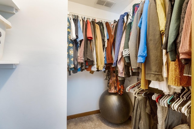 walk in closet featuring carpet flooring