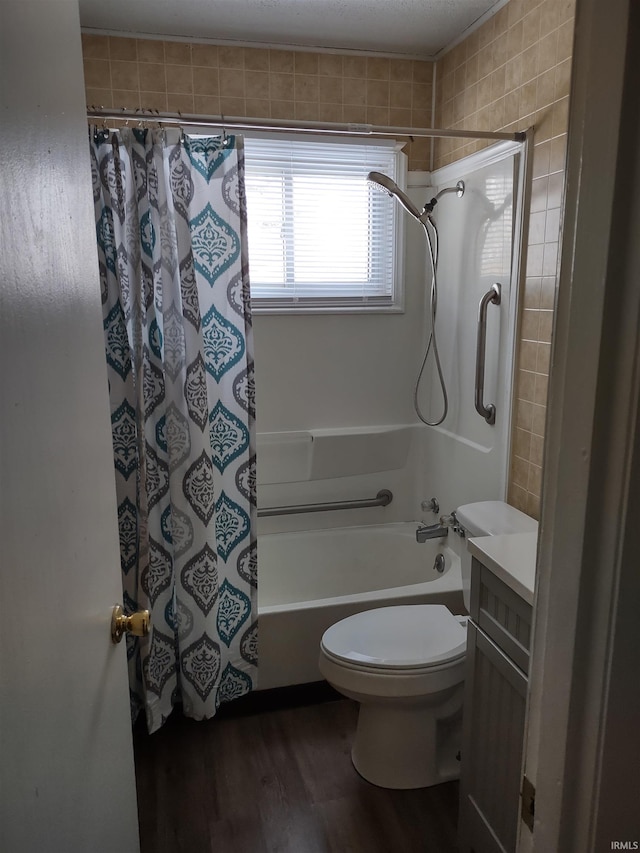 full bathroom featuring shower / bath combo, toilet, vanity, and wood-type flooring