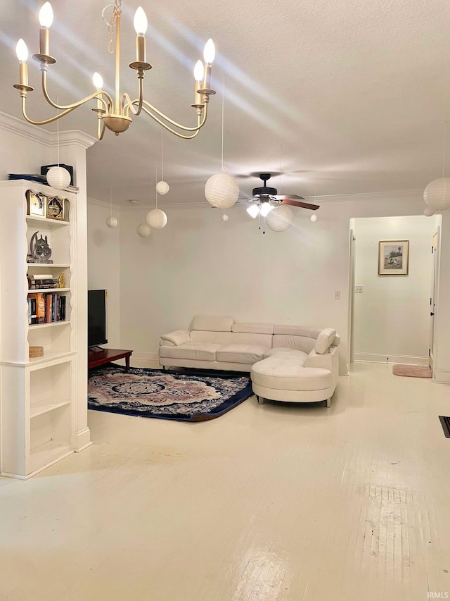 living room with ceiling fan with notable chandelier and hardwood / wood-style flooring