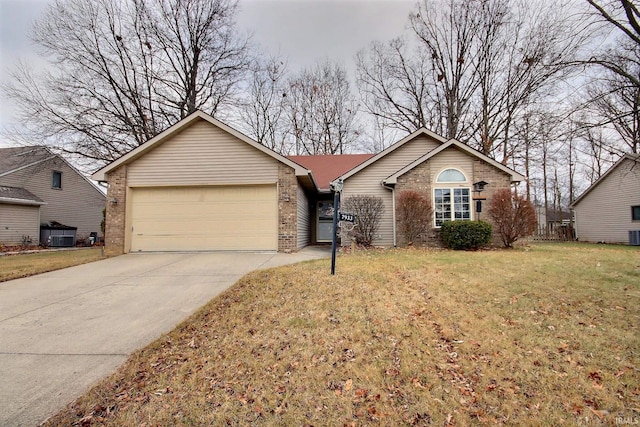 ranch-style house with central air condition unit, a front lawn, and a garage