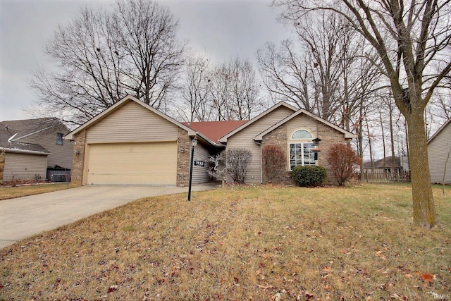 ranch-style home with cooling unit, a front yard, and a garage