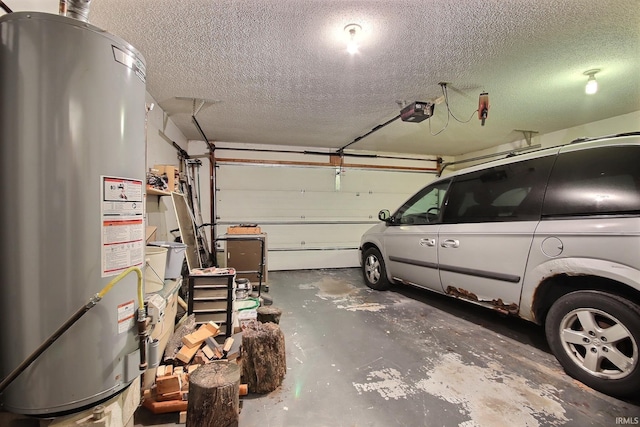 garage with water heater and a garage door opener