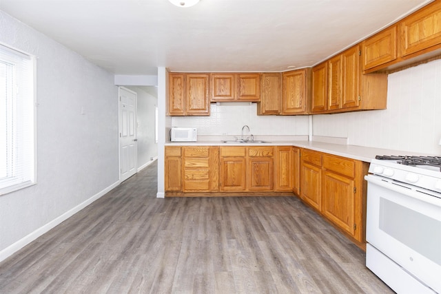 kitchen with white appliances, a healthy amount of sunlight, light hardwood / wood-style flooring, and sink