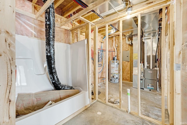 interior space featuring gas water heater and heating unit