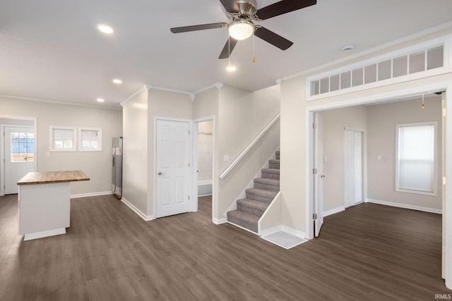 interior space with ceiling fan, crown molding, and dark hardwood / wood-style floors