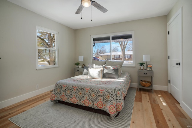 bedroom with ceiling fan and light hardwood / wood-style floors