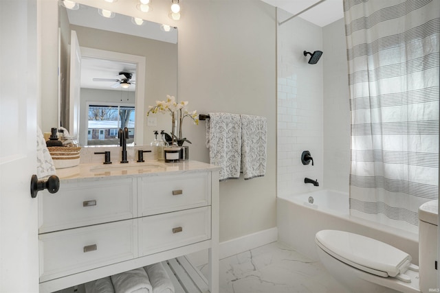 full bathroom with toilet, shower / bath combo with shower curtain, ceiling fan, and vanity