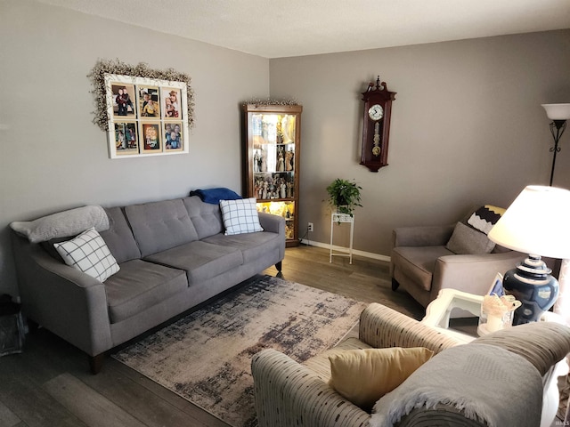 living room with dark hardwood / wood-style flooring