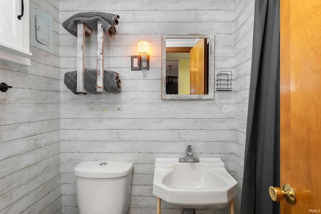 bathroom with sink, wooden walls, and toilet