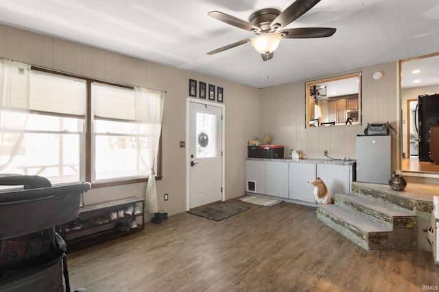 foyer entrance featuring ceiling fan and hardwood / wood-style flooring