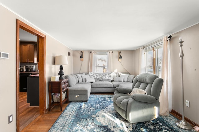 living room with dark hardwood / wood-style flooring