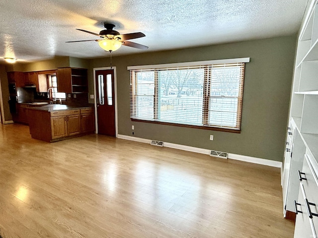 kitchen featuring a textured ceiling, ceiling fan, light hardwood / wood-style flooring, and sink