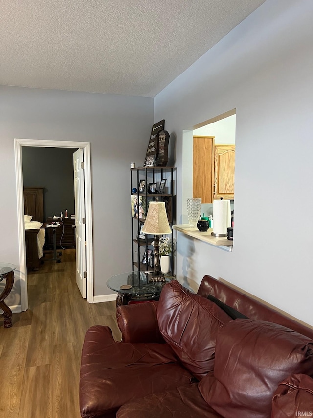 living room with wood-type flooring and a textured ceiling