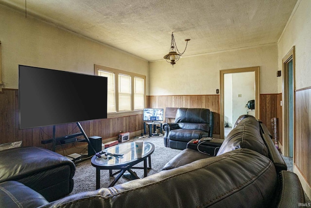 carpeted living room with a textured ceiling and wooden walls