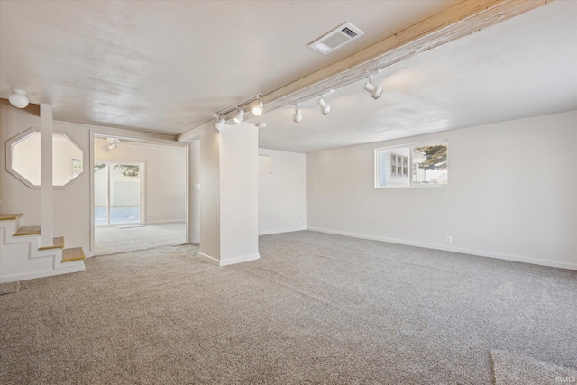 basement with carpet and track lighting