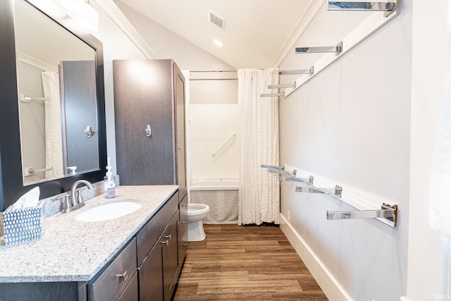 full bathroom with wood-type flooring, vanity, ornamental molding, and shower / tub combo with curtain