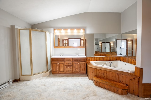 bathroom with lofted ceiling, vanity, shower with separate bathtub, and a baseboard radiator