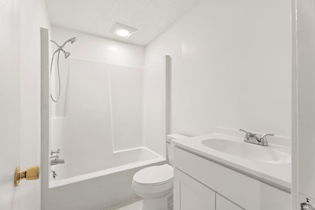 full bathroom with a textured ceiling, toilet, bathing tub / shower combination, and vanity