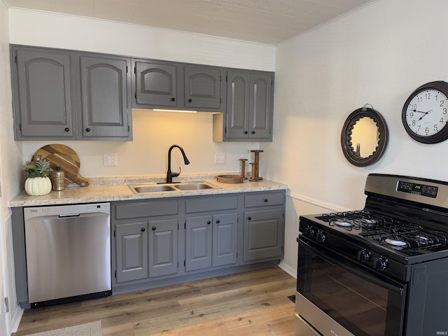 kitchen with dishwasher, sink, gray cabinets, and gas stove