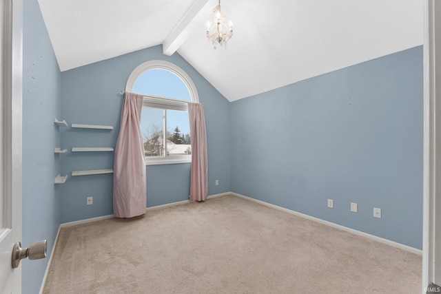 carpeted empty room with vaulted ceiling with beams