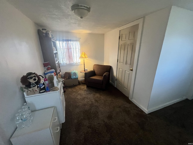 sitting room featuring dark colored carpet