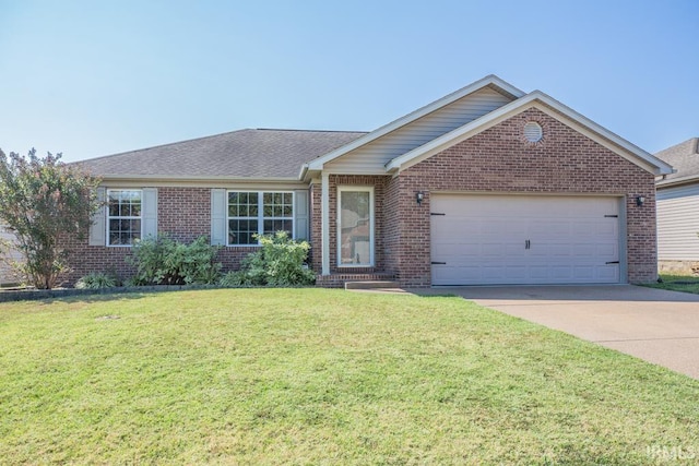 ranch-style home with a garage and a front lawn