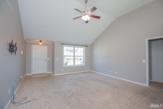 unfurnished living room featuring ceiling fan, light colored carpet, and high vaulted ceiling