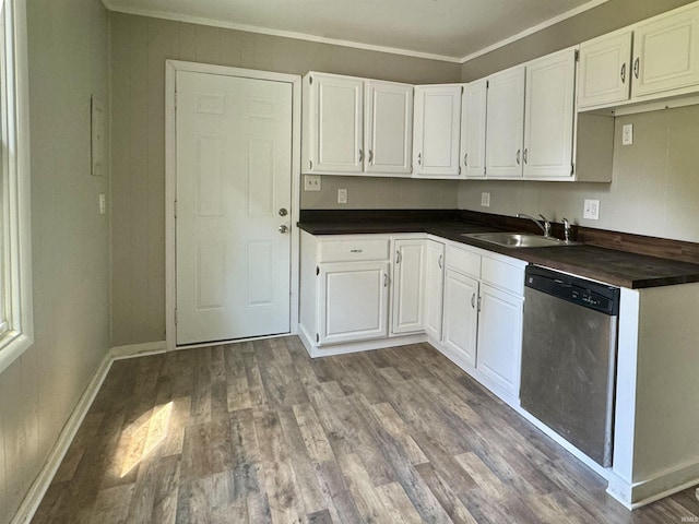 kitchen with dishwasher, light hardwood / wood-style floors, sink, crown molding, and white cabinets