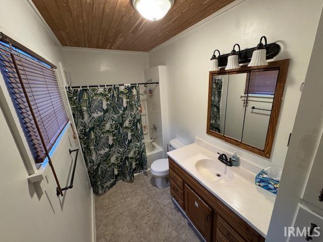 full bathroom with wooden ceiling, vanity, ornamental molding, and shower / tub combo