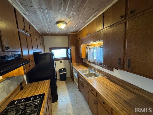 kitchen with wooden ceiling, black appliances, and sink