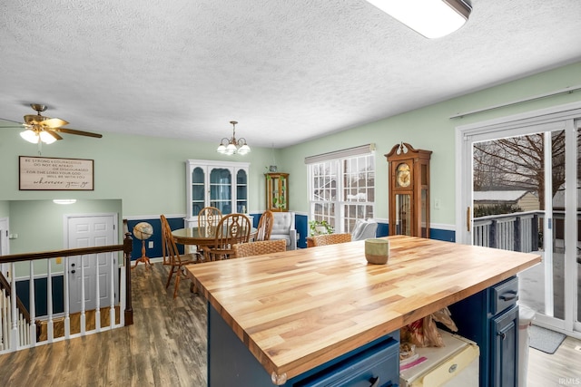 dining area featuring dark hardwood / wood-style flooring, ceiling fan with notable chandelier, and a textured ceiling