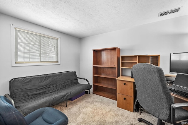 carpeted office space with a textured ceiling