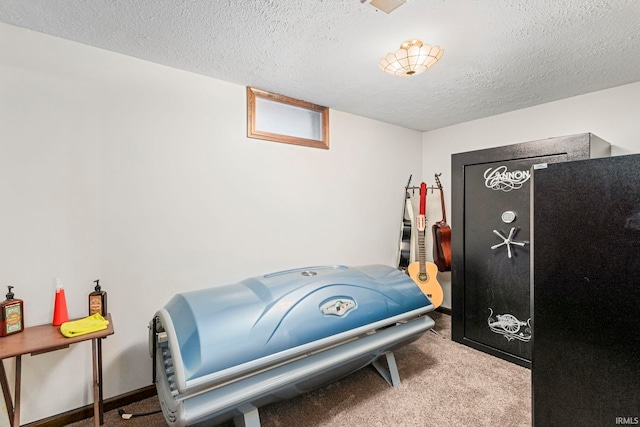 interior space with a textured ceiling and carpet flooring