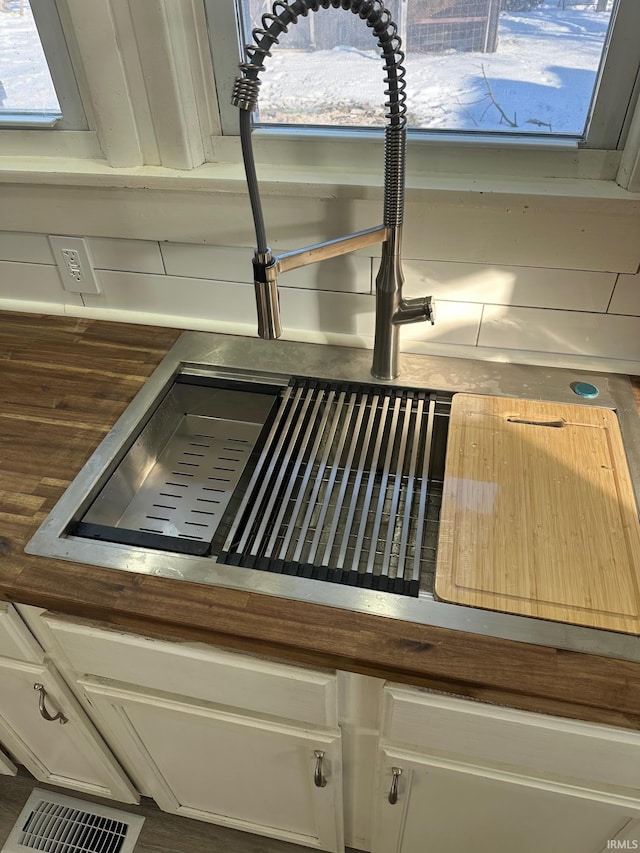 details featuring sink, white cabinets, and wood walls