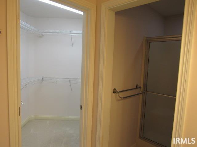 interior space featuring a shower with shower door