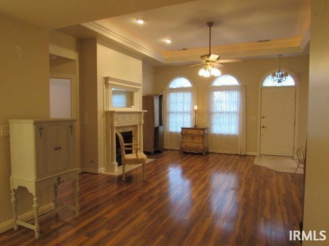 entrance foyer with dark wood-type flooring, ceiling fan, plenty of natural light, and a tray ceiling