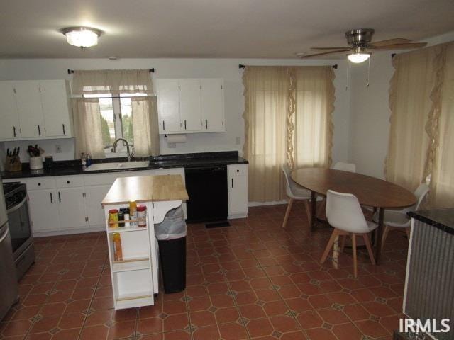 kitchen featuring ceiling fan, sink, white cabinets, and dishwasher