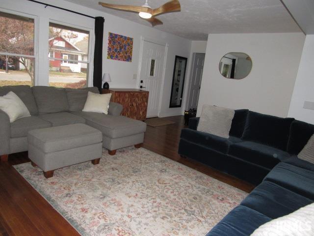 living room featuring ceiling fan and hardwood / wood-style flooring