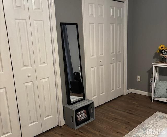 bedroom featuring dark hardwood / wood-style flooring and two closets