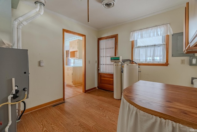 interior space featuring light hardwood / wood-style floors, gas water heater, electric panel, and crown molding