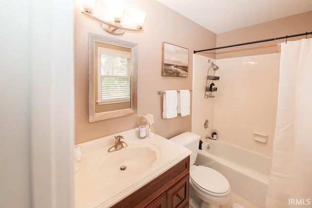 full bathroom with toilet, vanity, and shower / bath combination with curtain