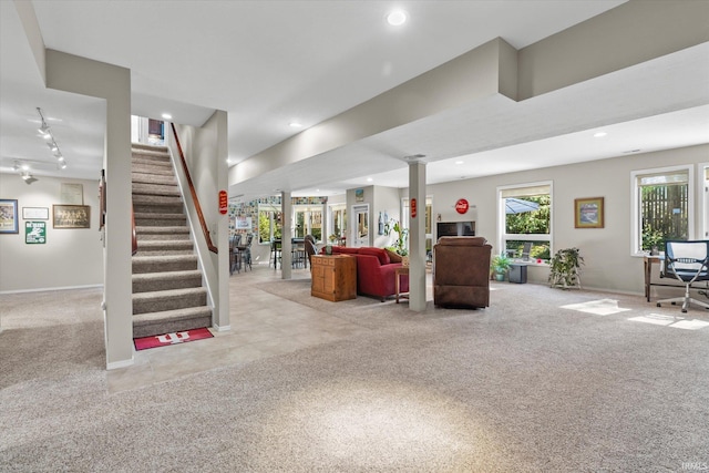 basement featuring light carpet and rail lighting