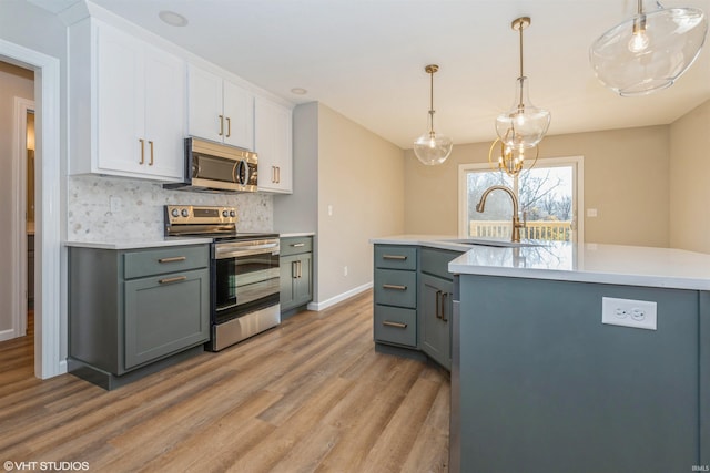 kitchen featuring white cabinetry, a center island with sink, appliances with stainless steel finishes, tasteful backsplash, and sink