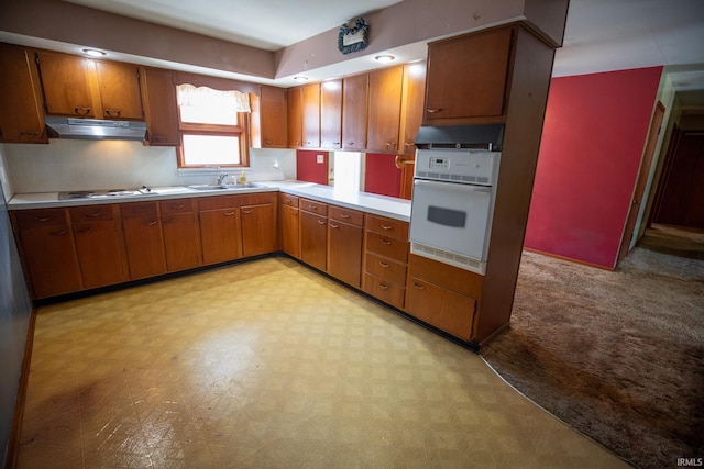 kitchen with sink, white appliances, and light colored carpet