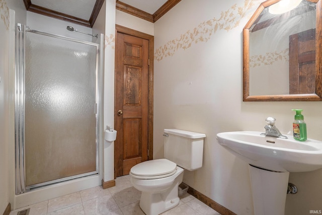 bathroom featuring an enclosed shower, tile patterned floors, sink, toilet, and crown molding