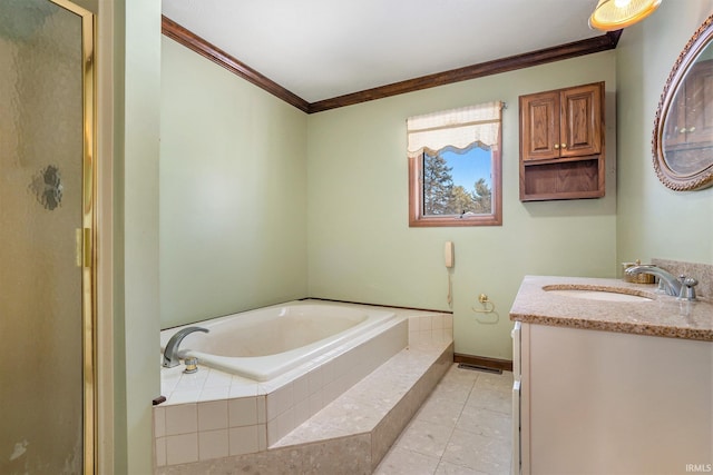 bathroom with separate shower and tub, vanity, tile patterned floors, and crown molding