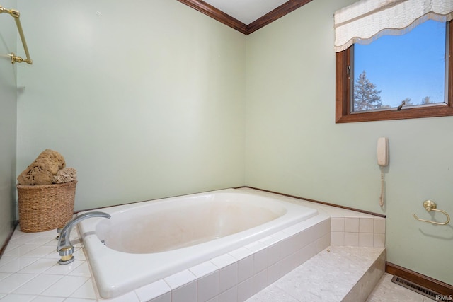 bathroom featuring tiled tub and ornamental molding